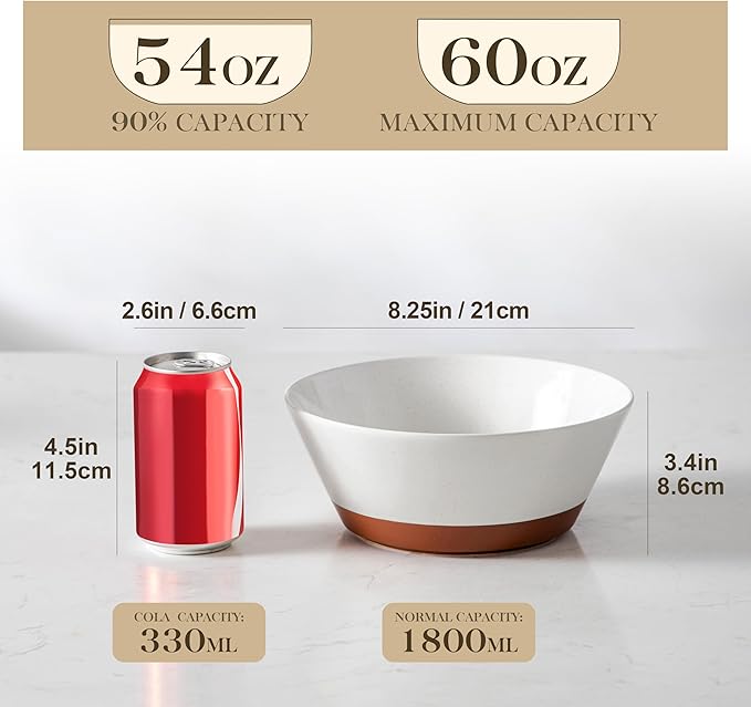 MALACASA Salad Bowls Set of 4, Soup Bowls for Kitchen, 60oz Large Ceramic Bowl for Ramen, Cereal, Fruit, Pho and Pasta, Microwave & Dishwasher Safe, Speckled Deep Bowls, White & Brown