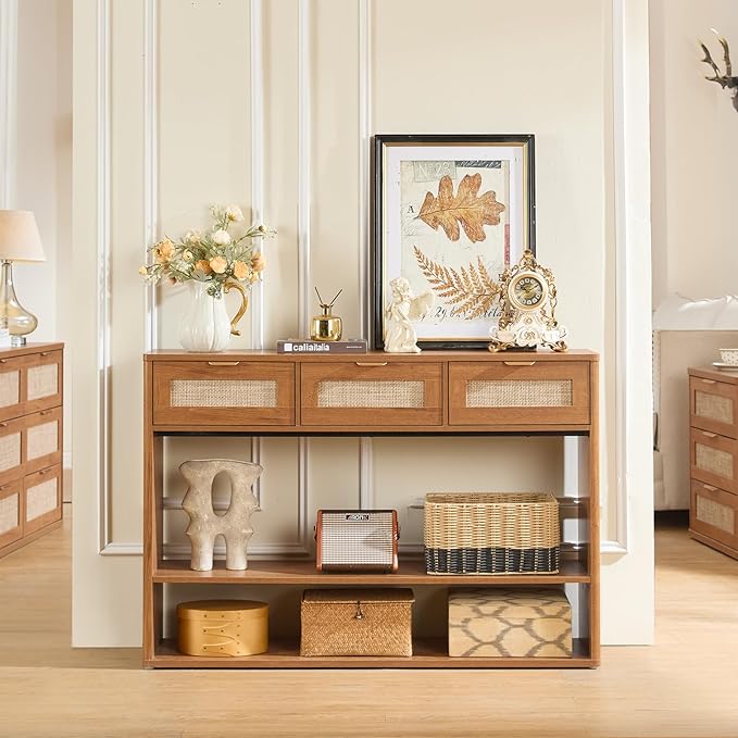 LEYAOYAO 48" Boho Rattan Console Table with 3 Drawers Set of 2,Wooden Entryway Table with Open Storage Shelf, 3 Tier Narrow Long Behind Couch Sofa Tables for Living Room, Hallway, Foyer, Brown