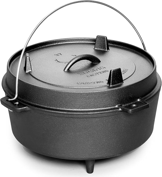Pre-Seasoned Cast Iron Dutch Oven With Skillet Lid, Outdoor Camping Deep Pot for Camping Fireplace Cooking BBQ Baking Campfire, Leg Base, 4.5 Quart