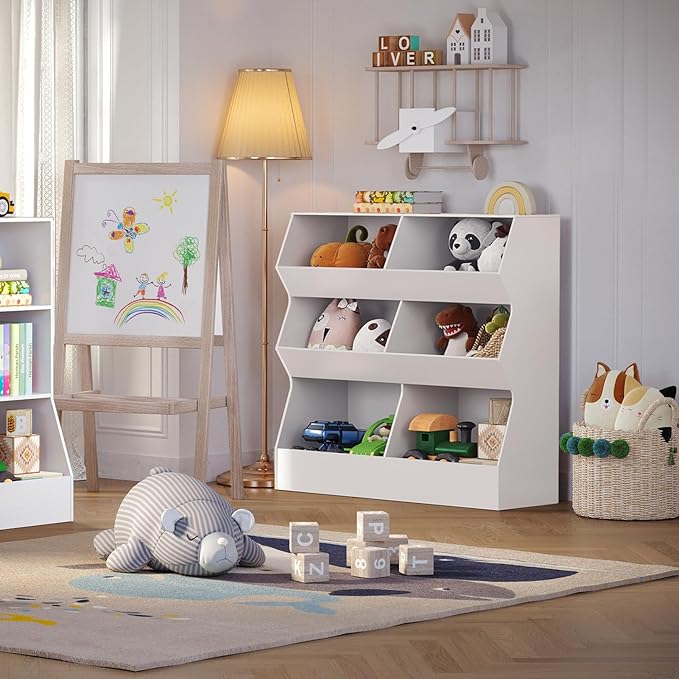 DINZI LVJ Toy Storage Organizer, Kids Bookshelf, Wooden Toy Storage Cabinet, 6 Cubby Children Bookcase, 35.4" L Toddler Book Shelf for Playroom, Living Room, Nursery, Hallway, School, White