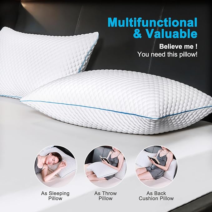 VVZ Cooling Bed Pillows Queen Size Set of 2, Shredded Memory Foam Pillows for Side Back Stomach Sleepers, Luxury Cool Gel Adjustable Firm Bed Pillows for Sleeping 2 Pack Queen Size 20 x 30 Inches