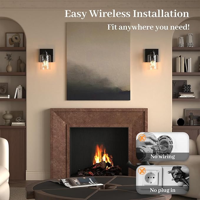 Battery Operated Wall Sconce with Remote Control, Dimmable Wall Lamp Set of Two No Wired, Rechargeable Cordless Wall Light Fixtures for Bedroom Living Room Bathroom Hallway Farmhouse, Black