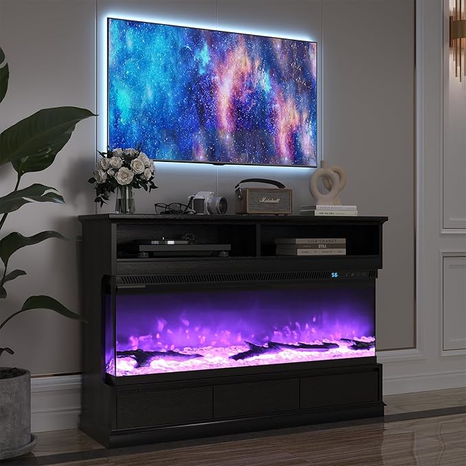 4 EVER WINNER Fireplace TV Stand with 50" Electric Fireplace, Fireplace Entertainment Center with 3-Side Glass Insert, 3 Drawers, TV Consoles for Living Room, Black