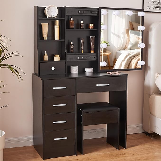 JBLCC Vanity Desk with Mirror and Lights, Black Makeup Vanity with 3-Color Lighted Sliding Mirror, 4 Drawers & Open Shelves, Small Vanity Table for Bedroom, Girls & Women