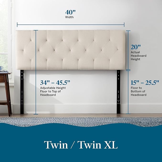 Lucid Mid-Rise Upholstered Headboard - Diamond Tufted - Padded Polyester - Adjustable Height from 34” to 46” - Easy Assembly - Bed Frame or Wall Mount - Sturdy - Pearl - Twin / Twin XL Size