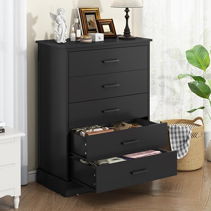 EPHEX Black Tall Dresser with 5 Drawers for Bedroom, Tall Dresser for Closet, Storage Tower Clothes Organizer, Modern Chest of Drawers with Sturdy Pedestal, 27.6'' W x 15.8'' D x 40.2'' H