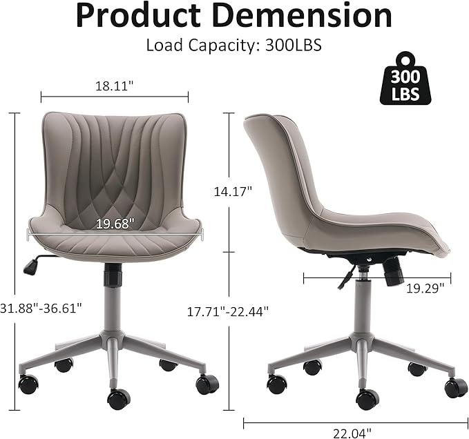 YOUTASTE All Grey Office Chair, Modern Armless Desk Chair with Back, Adjustable Swivel Rolling Faux Leather Task Chair with Wheels Metal Base for Home Office, Study, or Vanity