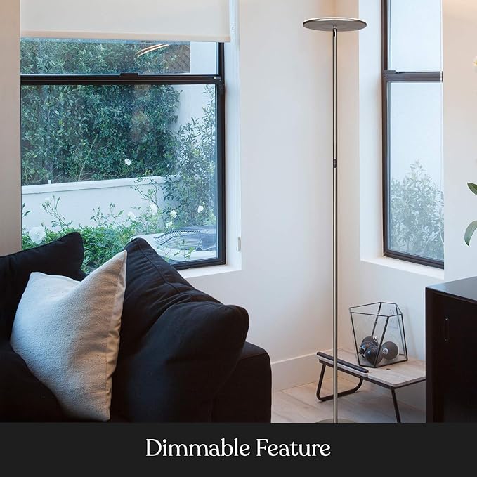 Brightech Sky Flux Dimmable LED Floor Lamp – Super Bright Floor Lamp for Living Room and Offices – Torchiere Standing Lamp with 3 Light Options, Tall Lamp for Bedroom Reading and More - Nickel