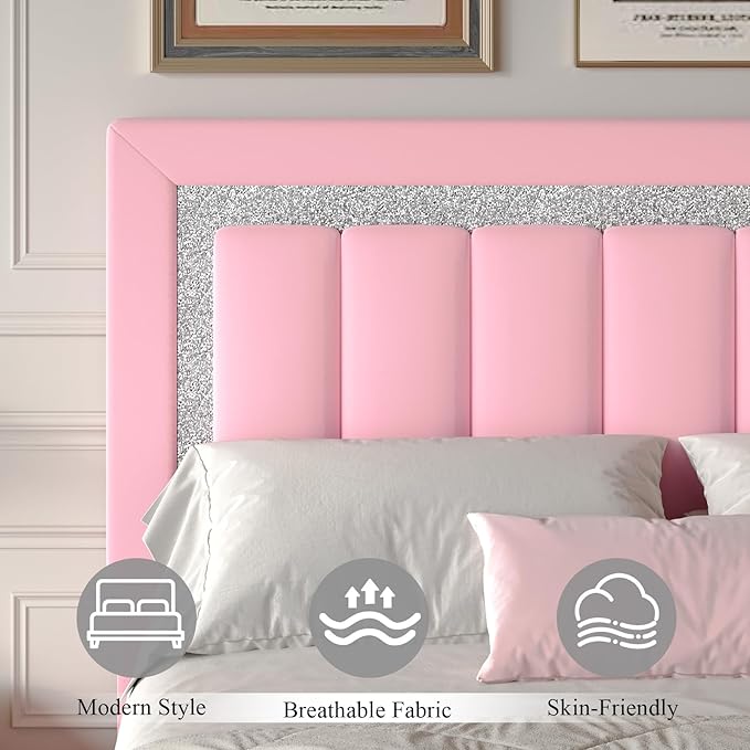 HOMBCK Twin Size Bed Frame with Headboard, Velvet Upholstered Platform Bed with Wooden Slats Support, Mattress Foundation, Twin Bed Frames for Girls, No Box Spring Needed, Easy Assembly, Pink