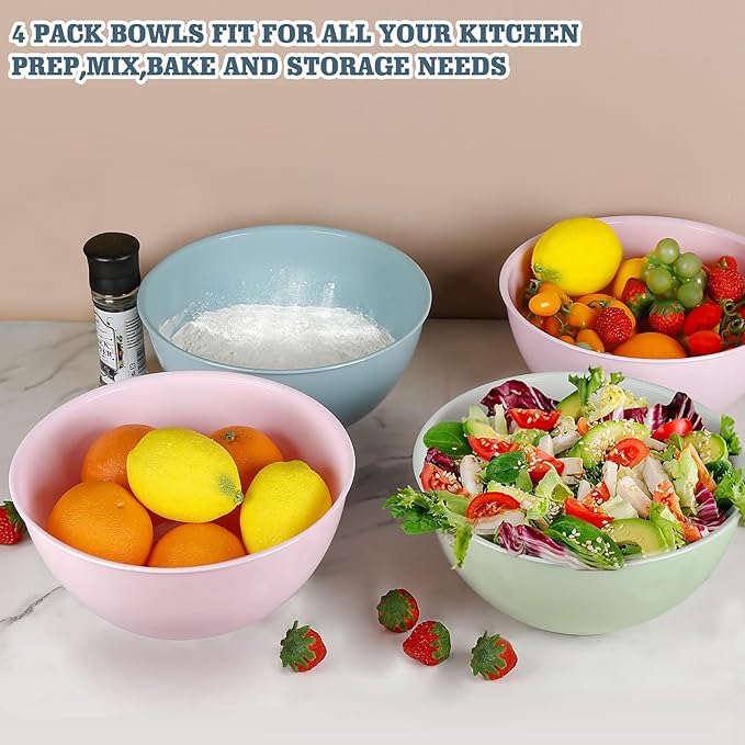 4-Piece Plastic Mixing Bowl Set, 113oz Lightweight Serving Bowls, Large Salad Bowls for Baking,Prepping, Cooking and Serving Food, Dishwasher & Microwave Safe