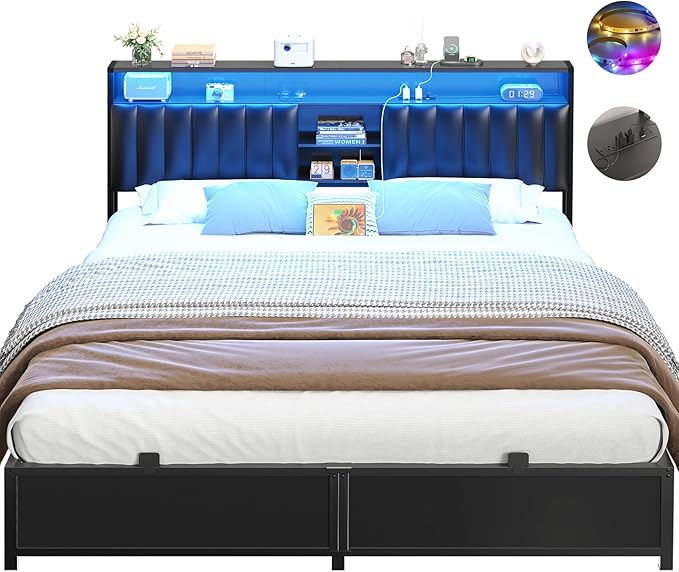 Aheaplus King Size Bed Frame with Charging Station & Led Lights, Platform Bed with Leather Upholstered Headboard and Storage, Metal Slats Support No Box Spring Needed, Noise-Free,-B6, Black Oak