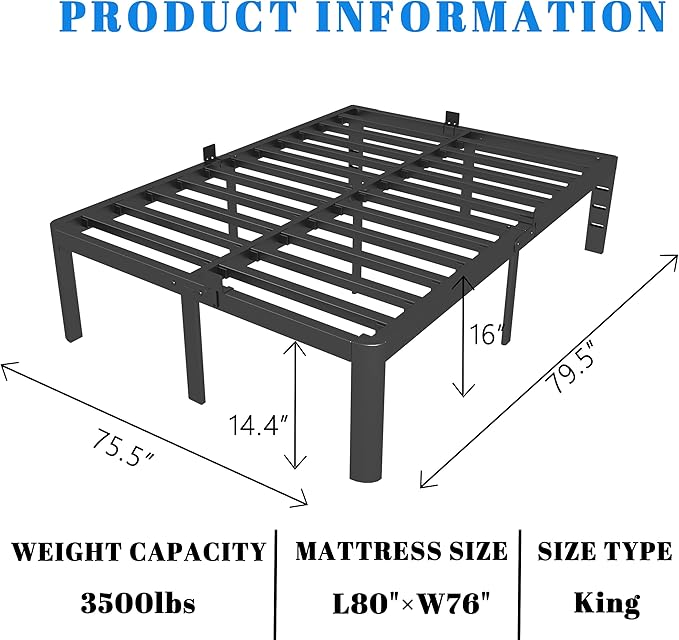 16 Inch Black King Size Bed Frame, Metal King Platform Bed Frame with Baffles, No Box Spring Needed, Heavy Duty Steel Support, Round Corner Design, Storage Space, Reserved Holes, Noiseless
