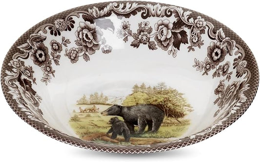 Spode Woodland 8" Black Bear Ascot Cereal Bowl - Fine Earthenware Rustic Dinnerware - Wildlife Collection, Dishwasher, Microwave, Freezer & Oven Safe - Holiday Tableware Made in England
