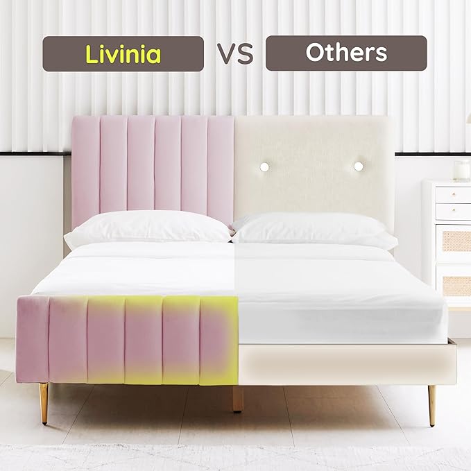Livinia Twin Size Elton Velvet Platform Bed, Upholstered Bed Frame with Vertical Channel Tufted Headboard Footboard, Strong Wood Slats, No Box Spring Needed, Pink (Twin)