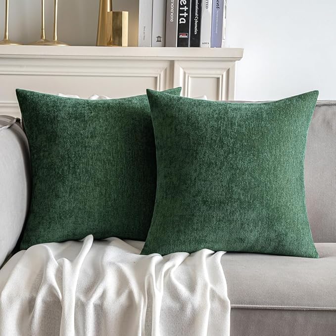 MIULEE Pack of 2 Dark Green Decorative Pillow Covers 18x18 Inch Soft Chenille Couch Throw Pillows Farmhouse Cushion Covers for Home Decor Sofa Bedroom Living Room