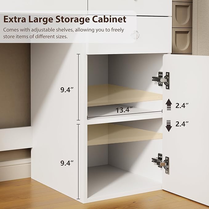 Vanity Desk with Mirror and Lights, 41.4'' Makeup Vanity Desk with 4 Drawers and Large Cabinet, 3 Lighting Modes Adjustable Brightness, White Vanity with Power Outlet for Bedroom