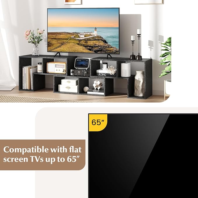 GOFLAME 3 Pieces TV Console Stand, Modern Entertainment Center for 50 55 60 65 Inch Flat Screen TV, Free Combination Bookcase for Storage & Display, Suitable for Living Room (Black Wood Grain)