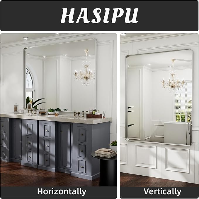 Hasipu Brushed Silver Bathroom Mirror 50x40 Inch Rounded Rectangle Vanity Mirror Metal Framed Wall Mirrors Anti-Rust Surface Mount (Horizontal/Vertical)