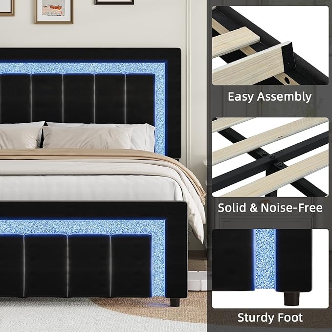 HOMBCK King Size Bed Frame with LED Lights and Velvet Upholstered Headboard, Bed Frame King with Modern Diamond Headboard Adjustable, Wooden Slats Support, Noise Free, No Box Spring Needed, Black