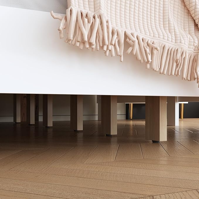 WOODTIME Queen Size Platform Bed Frame with Upholstered Heaboard, Modern Solid Wood Slat Support, Metal Legs, No Box Spring Needed, Easy Assembly, White