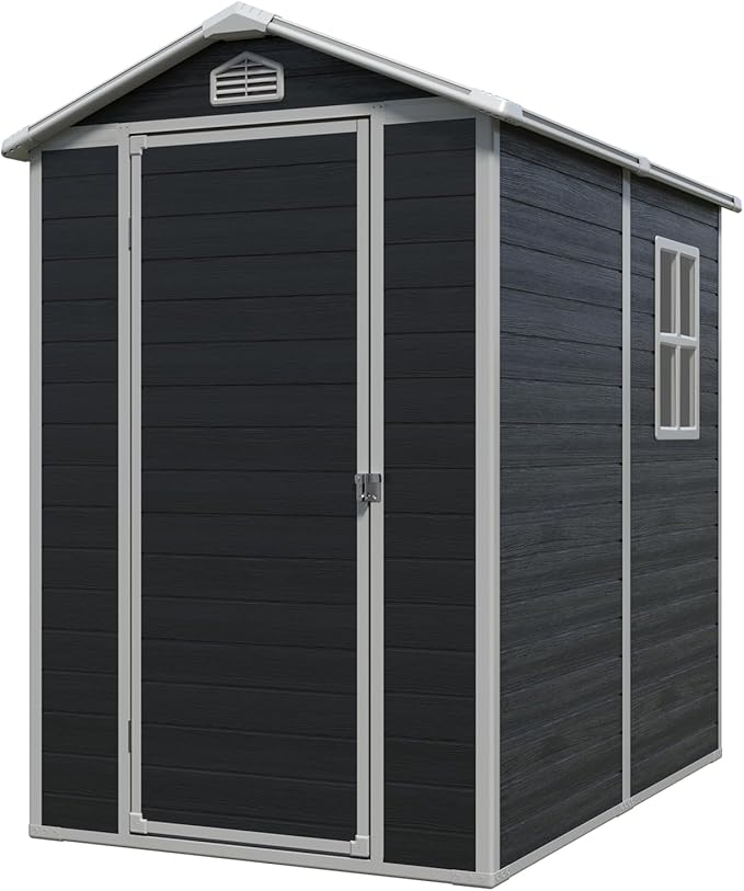 6x4 FT Outdoor Storage Resin Shed with Floor, Waterproof Plastic Garden Tool Shed with Windows, Vents & Lockable Door and Sloped Roof, Easy to Assemble Bike Shed for Patio, Backyard, Lawn, Black