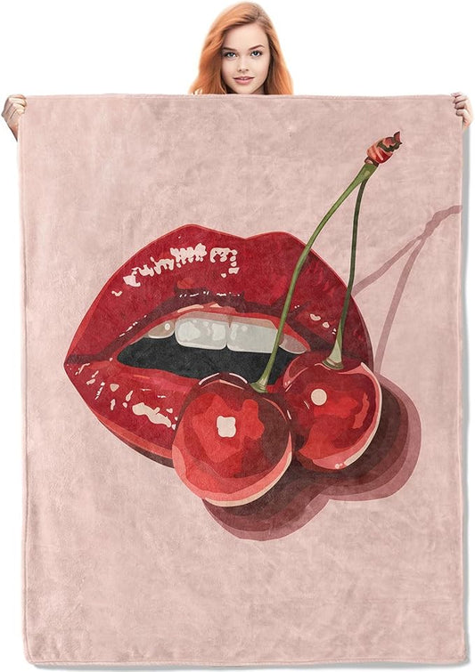 Cherry Lips Flannel Blanket, Pop Art Cherry Gifts, Cherry Blanket for Women, Soft Lightweight Throw Blankets for Bed Home Travel Decor 40" x 50"