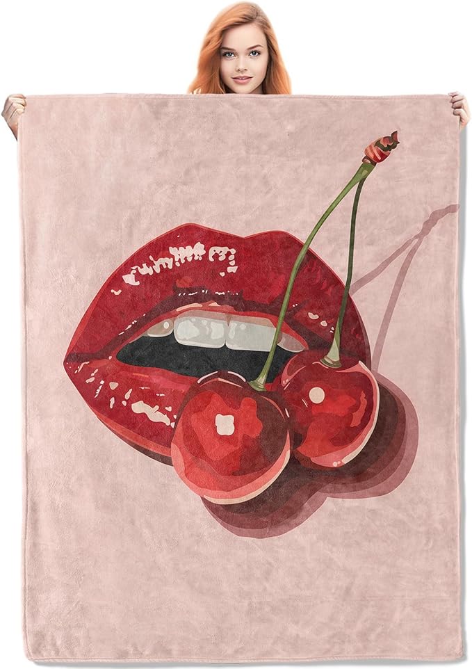 Cherry Lips Flannel Blanket, Pop Art Cherry Gifts, Cherry Blanket for Women, Soft Lightweight Throw Blankets for Bed Home Travel Decor 60" x 80"
