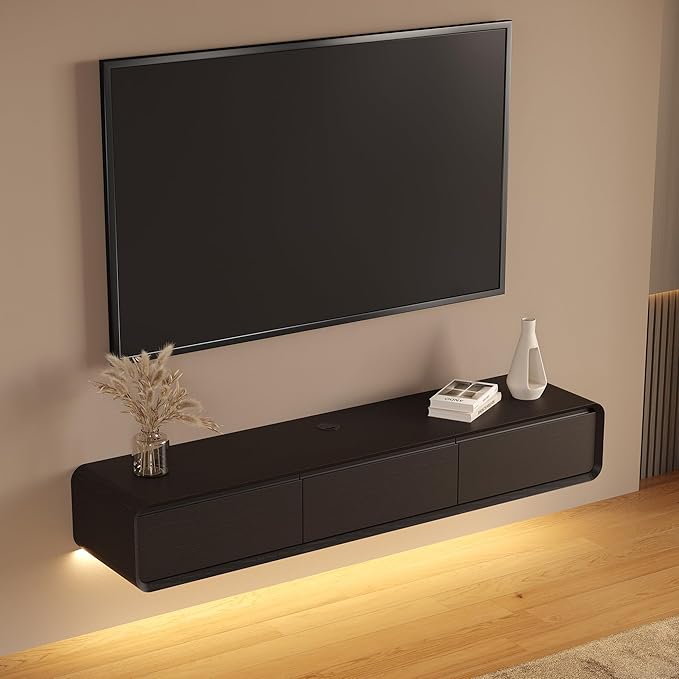 Minimalist Floating TV Stand with LED Lights, Modern Wall-Mounted Media Console with 3 Flip-Down Cabinet Doors for 55 Inch TV, Fully-Assembled, Black Oak, 63"