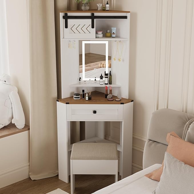 ARTETHYS Small Vanity Desk Set with Lights and Mirror Makeup Vanities with Drawers for Corner Space White Farmhouse Make up Dressing Table with Storage Stool for Bedroom