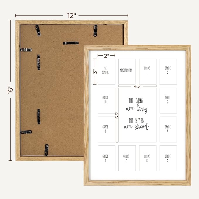 Axeman 12x16 School Years Picture Frame K-12 Day Graduation Photo Collage Solid Oak Picture Frame With Mat - Displays One 5x7 Photo and Twelve 2.5x3.5 Pictures, Hanging Hardware Included, Natural