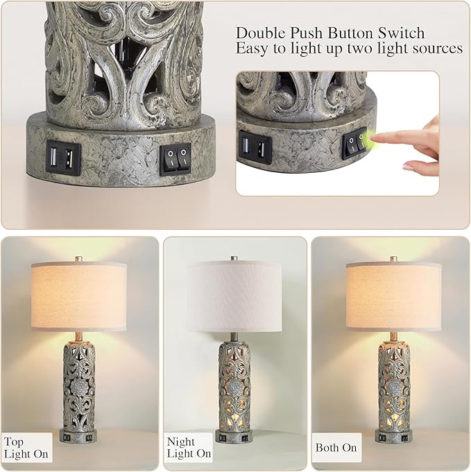 25'' Set of 2 Industrial Table Lamps for Living Room with Dual USB Ports, Vintage Resin Nightstand Lamp for Bedroom with Nightlight, Antique Rustic Desk Lamp for Entryway, 2 Bulbs Included