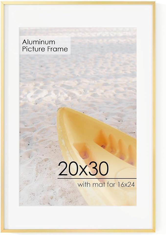 20x30 Metal Picture Frame for Wall With Mat for 16x24, 20''x30'' Aluminum Photo Frames With Tempered Glass for Home Decor, Minimalist Modern Poster Frame Horizontal And Vertical Formats, Gold