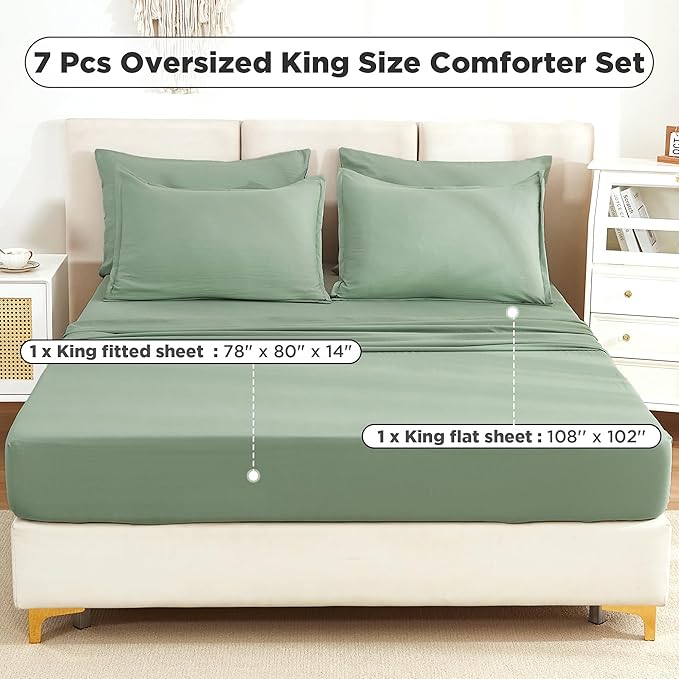 Litanika Oversized King Comforter Sets Sage Green - 7 Pieces Bed in a Bag Oversized King Bedding Comforter Sets, Solid Lightweight Bed Set with Comforter, Sheets, Pillowcases & Shams