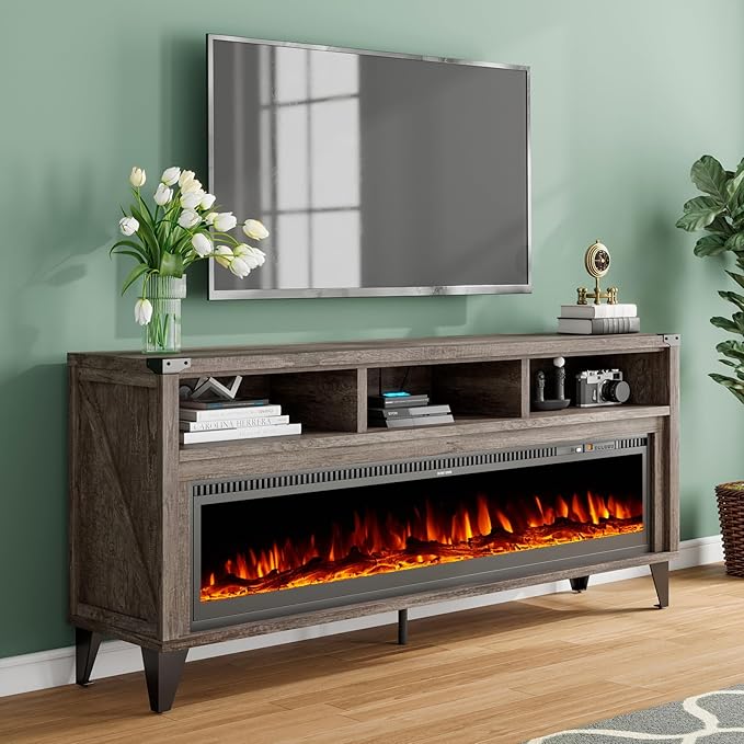 65“ Fireplace TV Stand, Farmhouse Entertainment Center with 60" Tempered Glass Electric Fireplace, Industrial Media Console with Open Storage Space for TVs up to 75", Light Gray