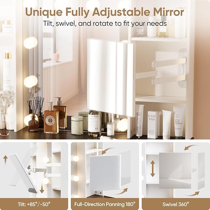 Makeup Vanity Desk with Adjustable Mirror & Rolling Cart, White Vanity Table with LED Light Bulbs, 3 Lighting Modes, Power Strip, Ambient Light & 6 Storage Drawers