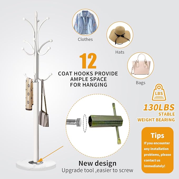 Metal Coat Rack Stand with Natural Marble Base, Coat Rack Freestanding, Free Standing Hall Tree with 12 Hooks for Hanging Clothes, Bags, Scarfs, Coat Hanger for Entryway, Hallway (White)