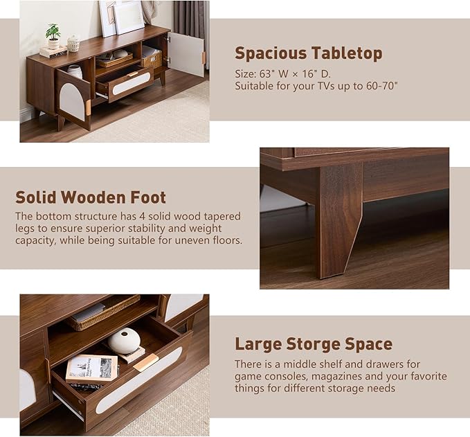 CANMOV 63" Mid Century Modern TV Stand for 60-70 inch TV, Entertainment Center with Storage & Drawer, Wooden Media TV Console for Living Room & Bedroom - Walnut