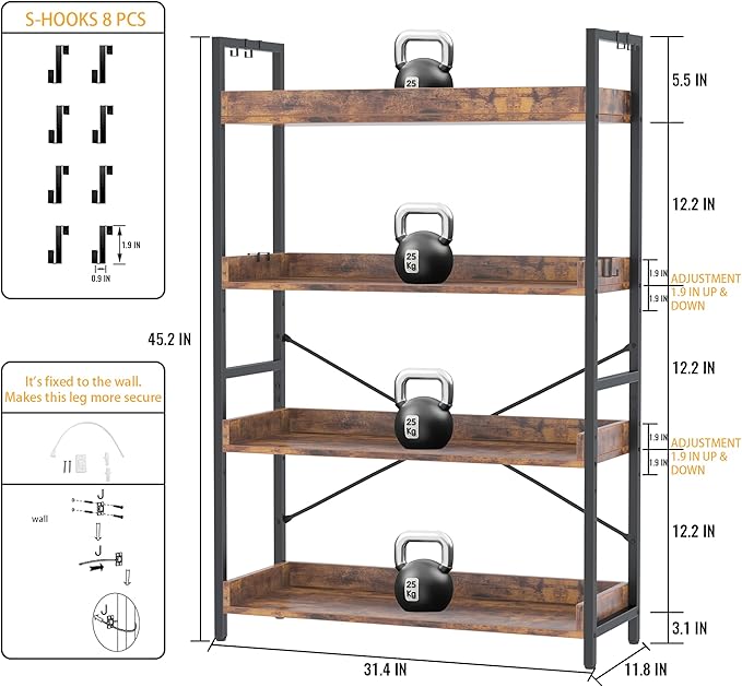 HCHQHS 4 Tier Bookshelf, Adjustable Industrial Bookcase, Vertical Tall Book Shelf, Wood and Black Metal Open Bookshelves for Home Office, Living Room, Bedroom