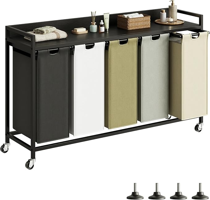 Laundry Hamper with Shelf, Laundry Basket 5 Section, Laundry Sorter with Pull-Out Removable Large 5 Color Bags and Movable Wheels, Metal Frame, 5 x 15.87 Gallons (60L), Black PF08XLK