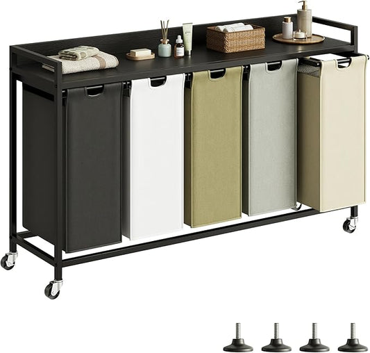 Laundry Hamper with Shelf, Laundry Basket 5 Section, Laundry Sorter with Pull-Out Removable Large 5 Color Bags and Movable Wheels, Metal Frame, 5 x 15.87 Gallons (60L), Black PF08XLK