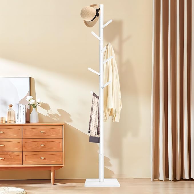 Coat Rack Freestanding with Stable Square Base for Cloathes, Hat, Used in Bedroom, Office and Entryway, Sturdy and Easy Assembly Coat Tree with 3 Adjustable Sizes and 8 Hooks, White