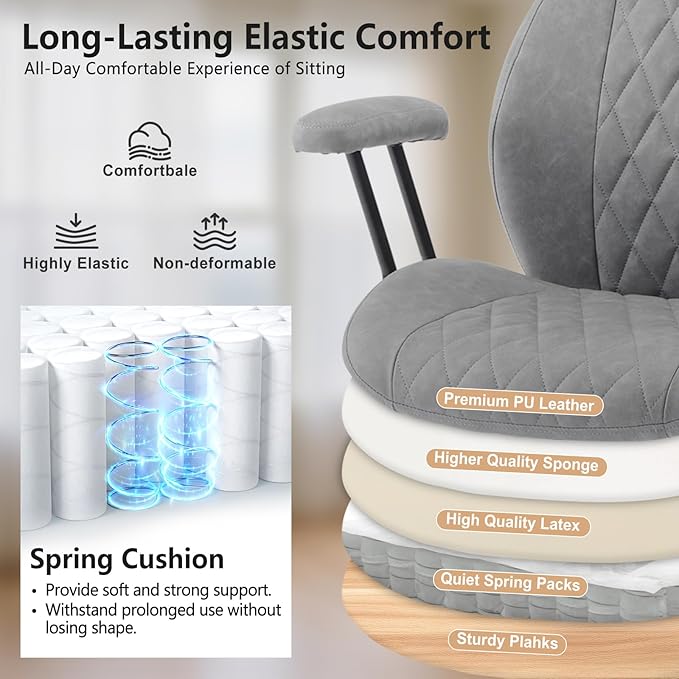 YFO Modern Ergonomic Office Desk Chair, Grey Leather with Lumbar Support, Adjustable Height, Swivel, Armrests, for Office, Gaming, Reading, Relaxing