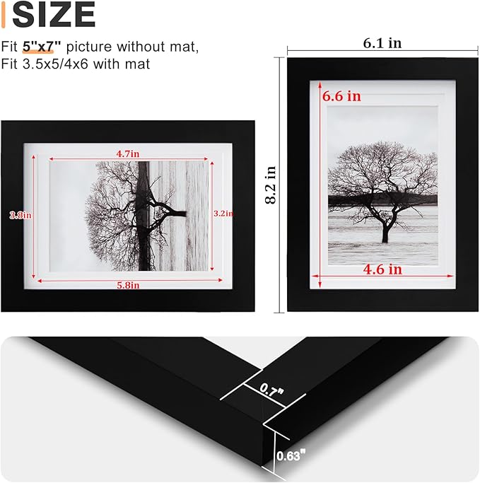 Egofine 5x7 Picture Frame Made of Solid Wood, Display Pictures 3.5x5/4x6 with Mat or 5x7 Without Mat Covered by Plexiglass for Table Top Display and Wall Mounting Photo Frame, Black