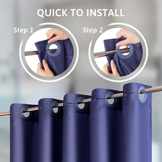 Furlinic Stall Size Shower Curtain No Hooks Needed,Half Size Polyester Fabric Bathroom Curtains with 6 Split Grommets,Hotel Quality,Waterproof & Machine Washable,Navy Blue,48x78 Inch.