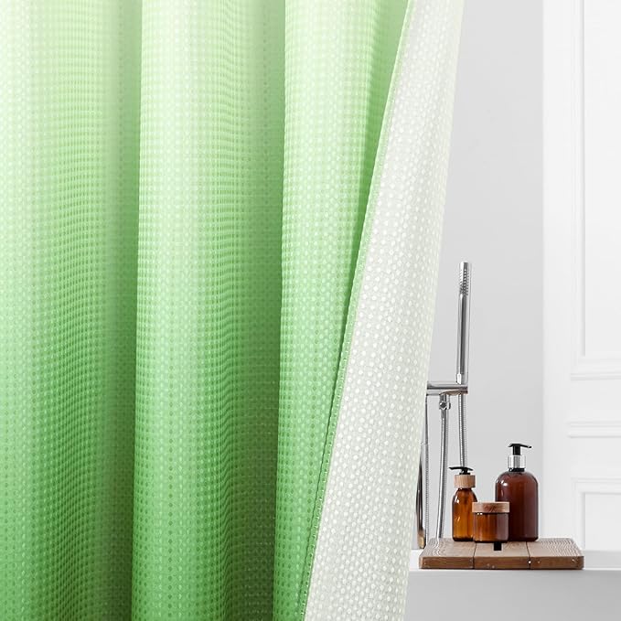 MitoVilla Emerald Green Ombre Waffle Small Stall Shower Curtain 36 x 74, No Hooks Needed Half Size Narrow Fabric Cloth Shower Curtain Set with Snap-in Liner for Modern Bathroom Decor