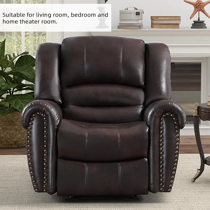 INZOY Leather Recliner Chair, Heavy Duty Manual Reclining Sofa Single Lounge Sofa for Living Room, Home Theater Seating, Dark Brown