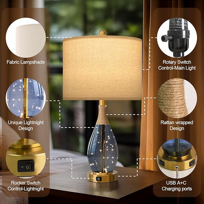 OYEARS 23" Table Lamps for Living Room Set of 2 Bedside Lamps for Night Stands Bedroom Lamps Farmhouse Rattan Boho Lamp Glass Nightlight End Table Lamp with USB C+A (Blue),Two Light Points