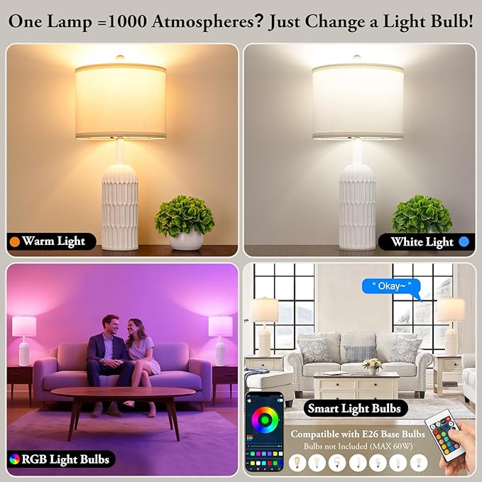 22.5" White Modern Table Lamps Set of 2 for Living Room Bedroom, Farmhouse Vintage Bedside Table Lamps with White Linen Shade, Rustic Bedroom Table Lamp for Nightstand Home Office End Table Dorm