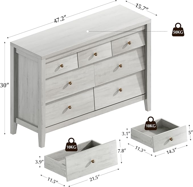 7 Drawers Dresser with Beveled Panel for Bedroom, Farmhouse Chest of Drawers, Mid Century TV Stand Closet Storage Furniture for Hallway, Living Room, Entryway, White