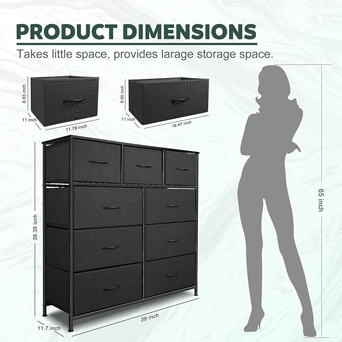 Dresser for Bedroom with 9 Drawers, Chest of Drawers, Storage Drawers Organizer Unit, Black Wide Fabric Dresser with Fabric Bins for Closet, Living Room, Entryway (Charcoal Black)